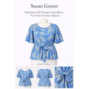 Susan Graver 3X Printed Stretch Woven Tie-Front Flutter-Sleeve Top Blue A376592